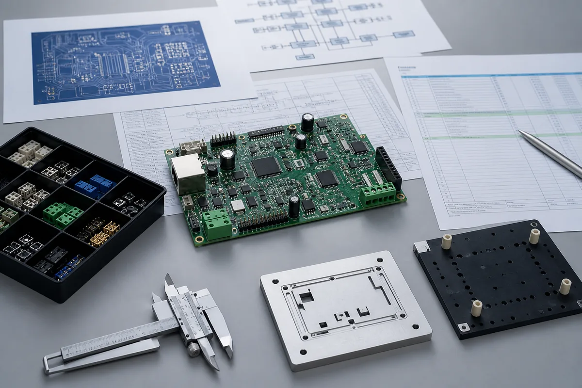 PCB, manufacturing documents and fixtures arranged for project-specific capability review