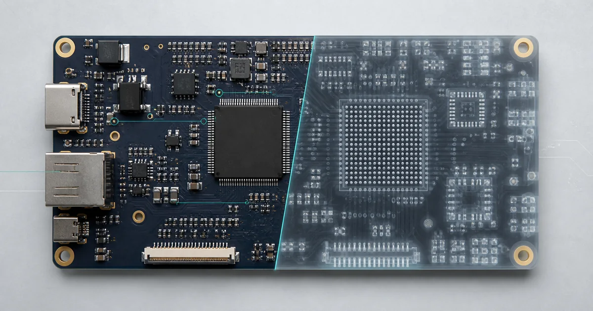 Split optical and illustrative X-ray view of a populated PCB
