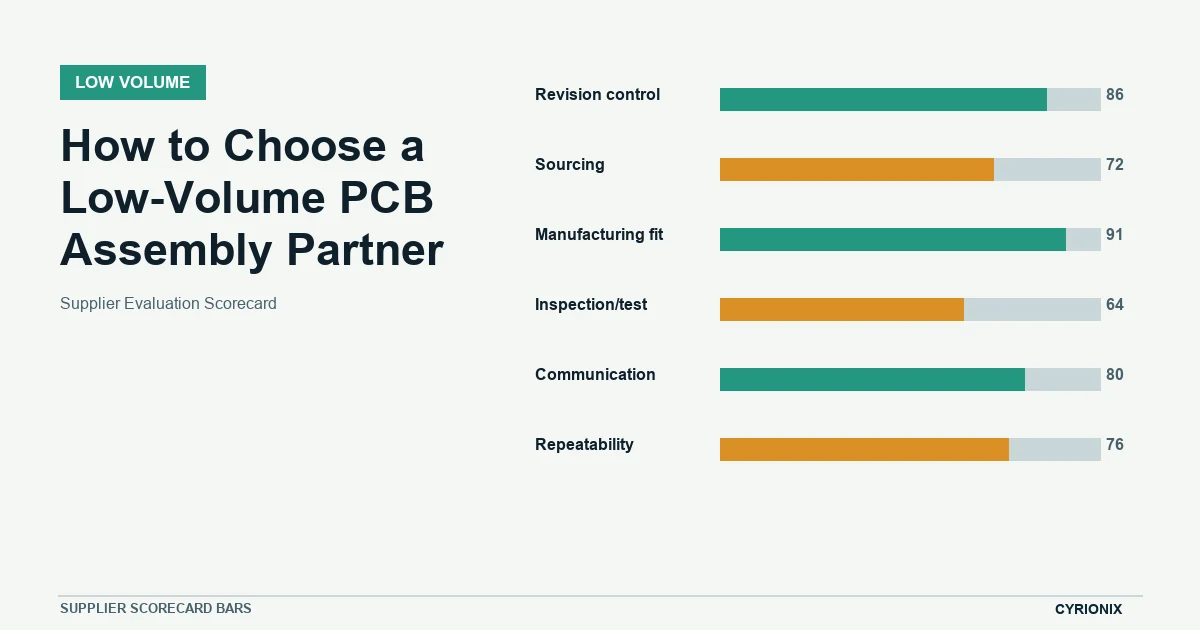Supplier scorecard bars for How to Choose a Low-Volume PCB Assembly Partner