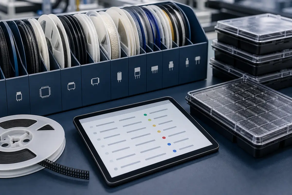 Organized electronic component reels and IC trays for BOM review