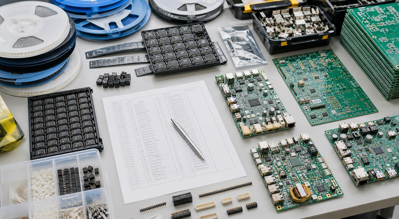 Electronic component reels prepared for PCB assembly sourcing review