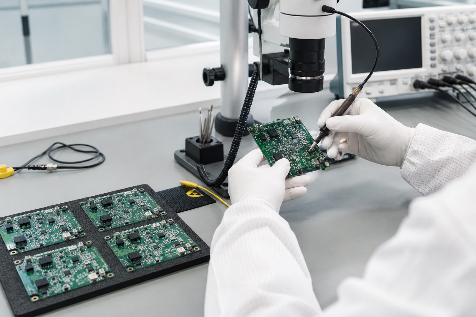 Technician inspecting assembled printed circuit boards