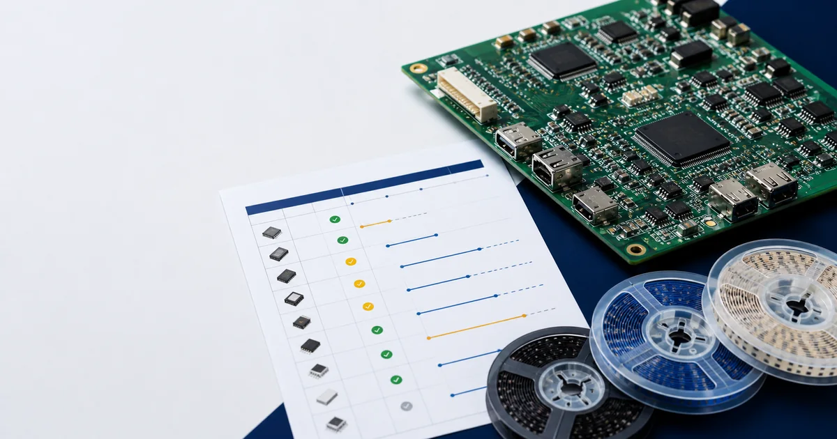 PCBA BOM revalidation sheet, populated circuit board and component reels