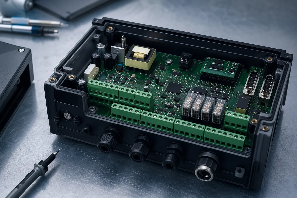 Industrial control electronics board with connector and monitoring interfaces