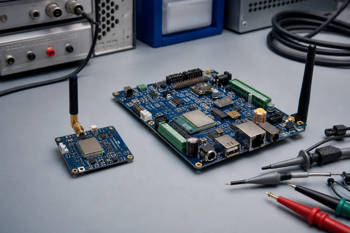 Connected IoT controller PCB with wireless and sensor interfaces