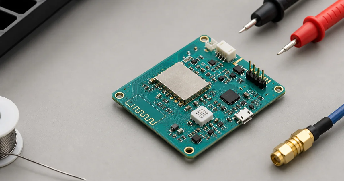 Wireless IoT sensor PCB with module, antenna region, sensor and test connections