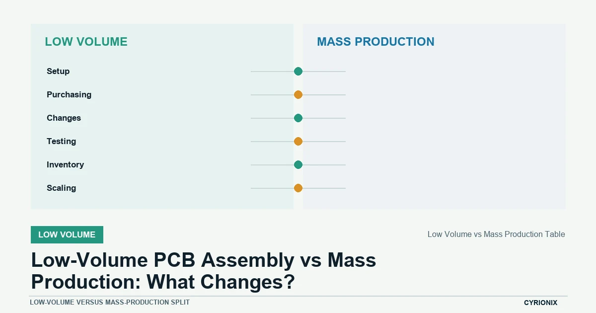 Low-volume versus mass-production split for Low-Volume PCB Assembly vs Mass Production: What Changes?