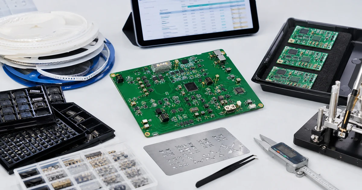 PCB assembly cost review with components, stencil, test fixture and repeated boards