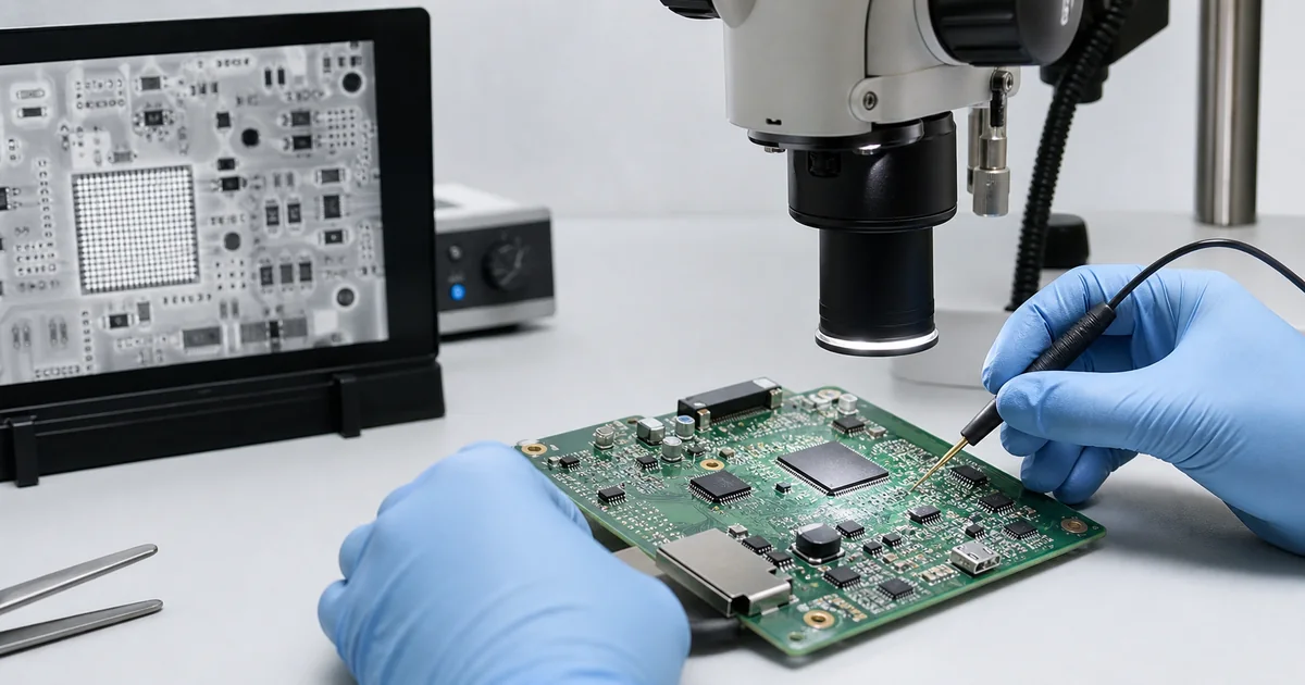 Populated PCB under microscope and probe-based testing review