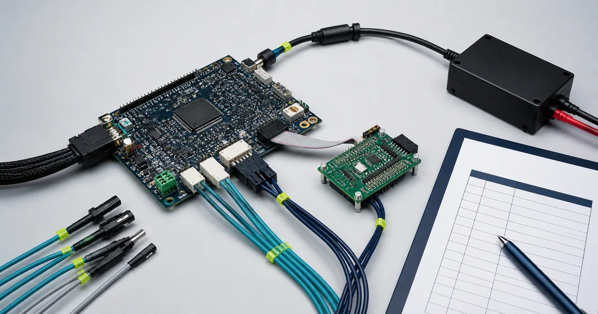Populated PCB with orderly interface leads, power connection and reference board