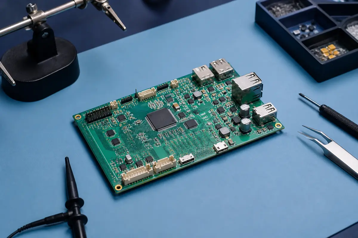 Prototype assembled PCB on an engineering workbench
