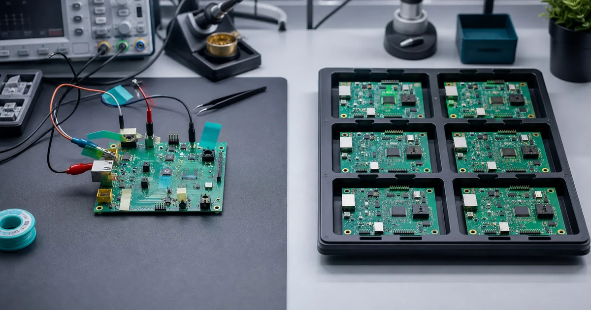 Modified PCB prototype beside a controlled batch of repeated PCB assemblies