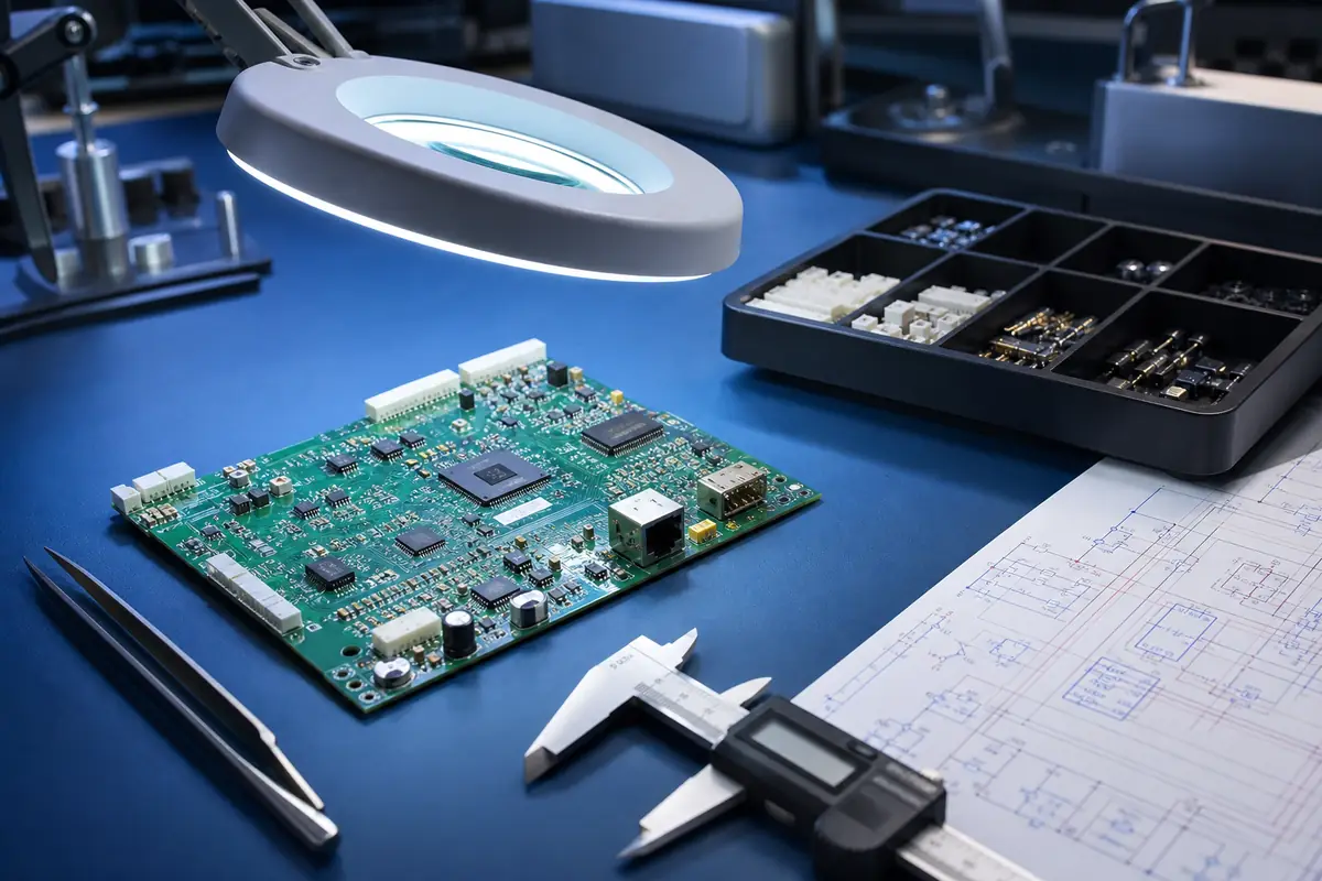 Assembled PCB under organized engineering review