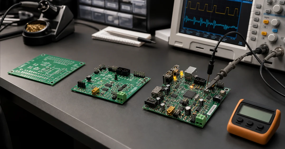 Bare PCB, partially assembled board and working prototype under bench testing
