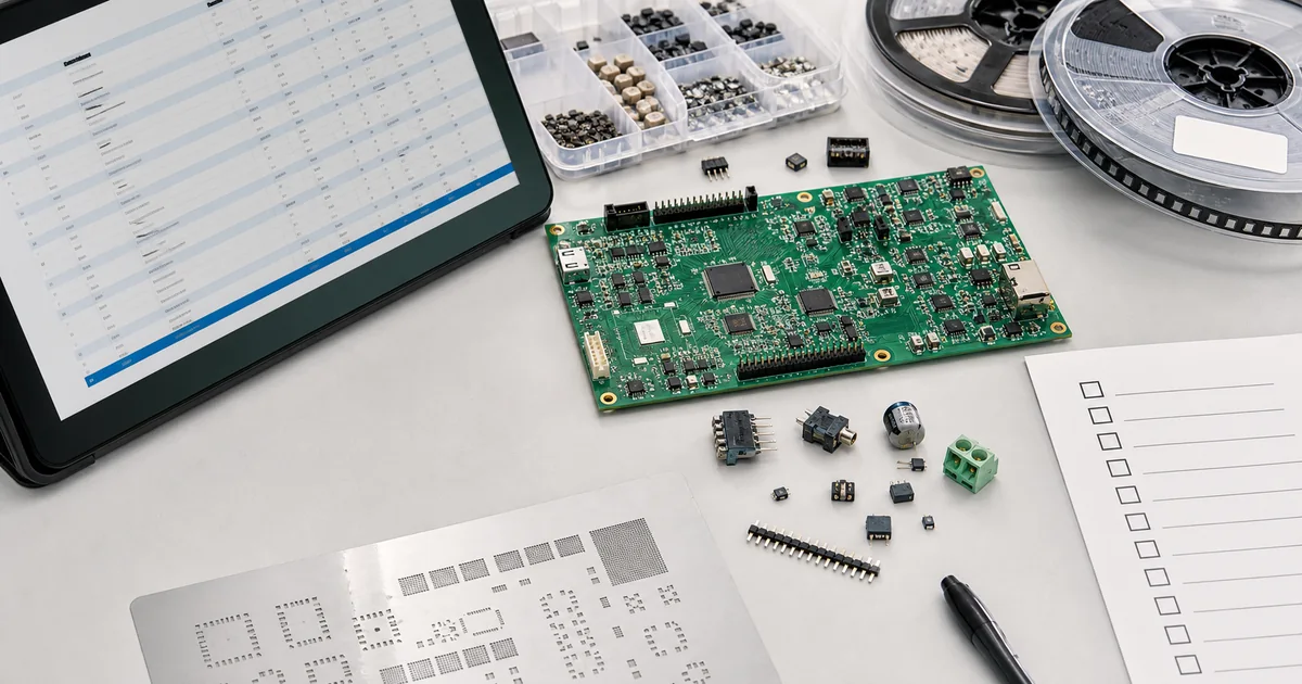 PCB, BOM, component reels and checklist arranged for cost and risk review