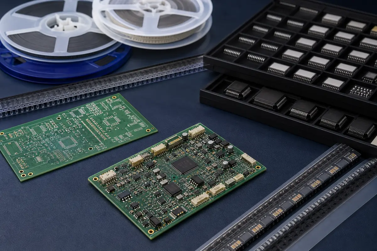 Assembled PCB with organized component reels and IC trays