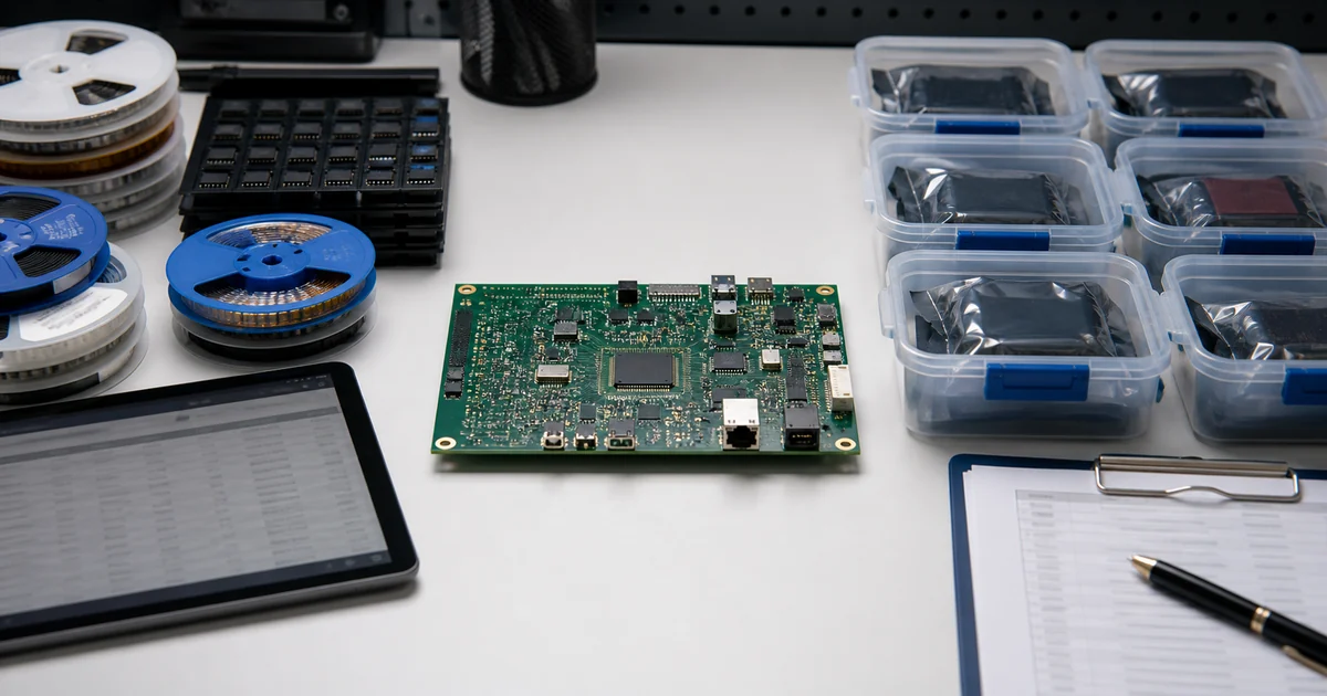 Populated PCB between organized component reels and customer-supplied component containers
