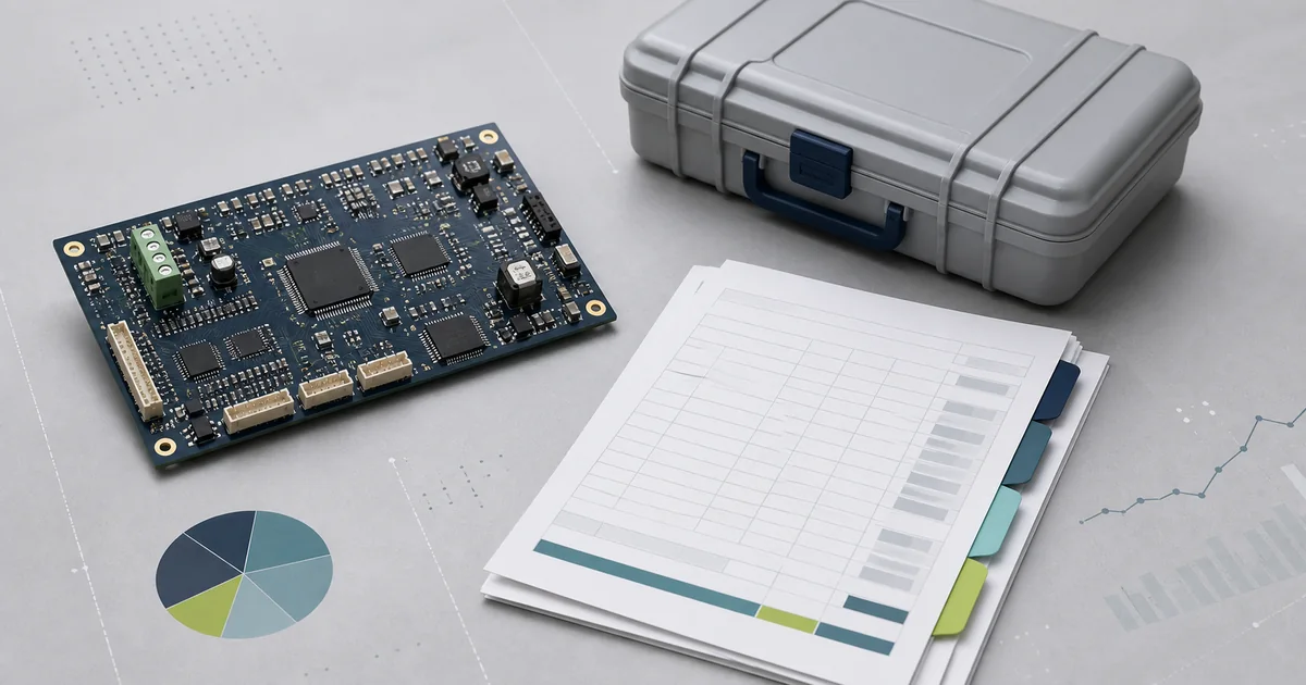 Populated PCB, shipping case and layered cost comparison worksheet
