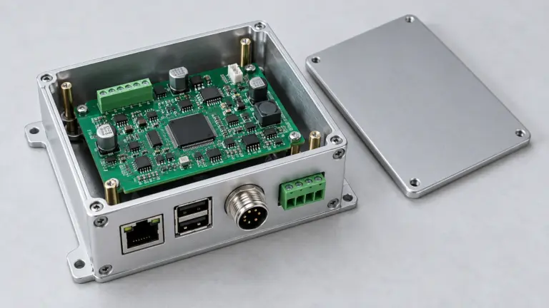 Open aluminum electronics enclosure showing the circuit board, standoffs and panel connectors