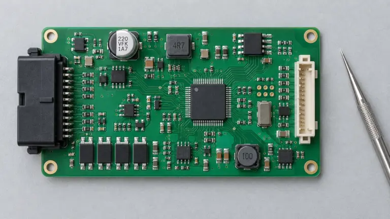 Controller PCB with polarized components and keyed connectors on a light inspection surface