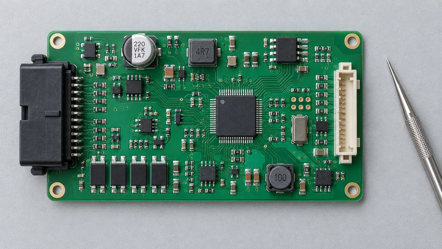 Controller PCB with polarized components and keyed connectors on a light inspection surface