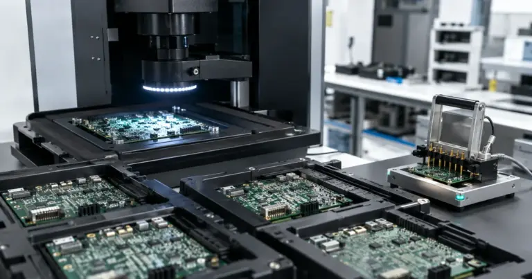 Low-volume PCBA sample batch inspected with AOI equipment and a functional test fixture