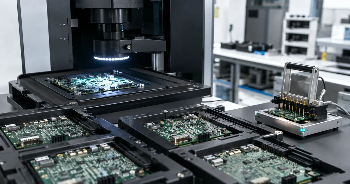 Low-volume PCBA sample batch inspected with AOI equipment and a functional test fixture