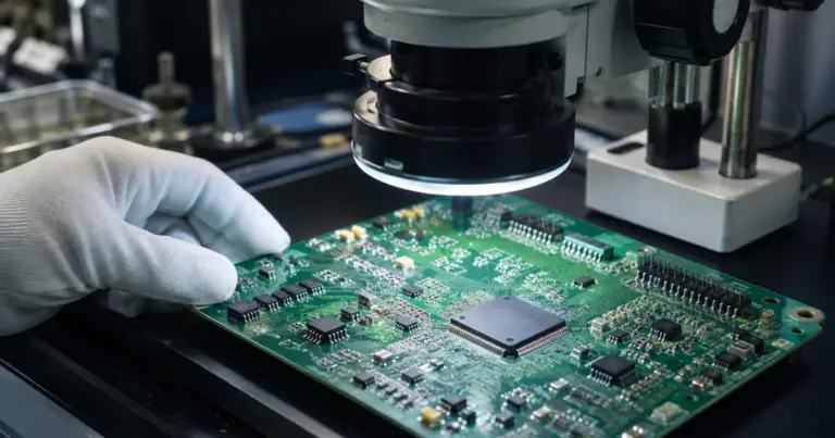 Prototype PCB inspected under a stereo microscope for solder and placement problems