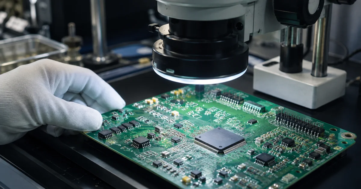 Prototype PCB inspected under a stereo microscope for solder and placement problems