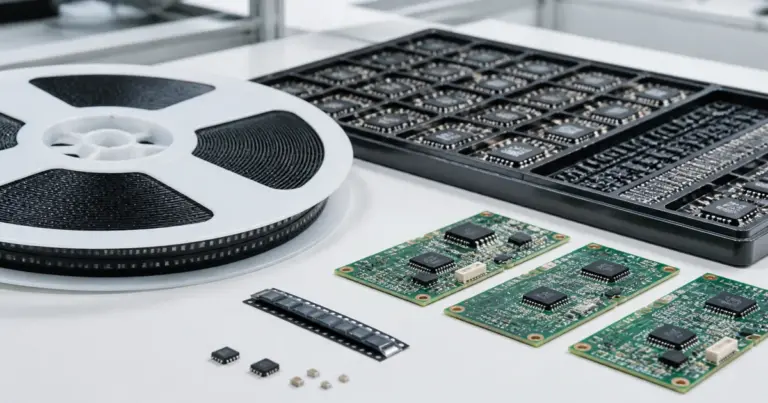 Full component reel and supplier tray beside a small batch of prototype PCB assemblies