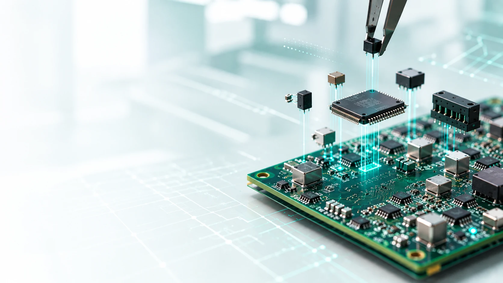 PCB assembly components positioned above a populated circuit board