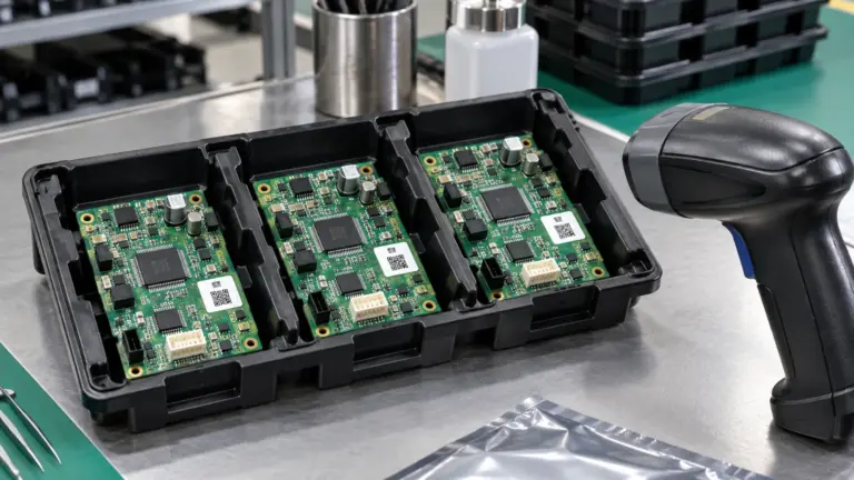 Individually labeled circuit boards in a divided tray beside a barcode scanner