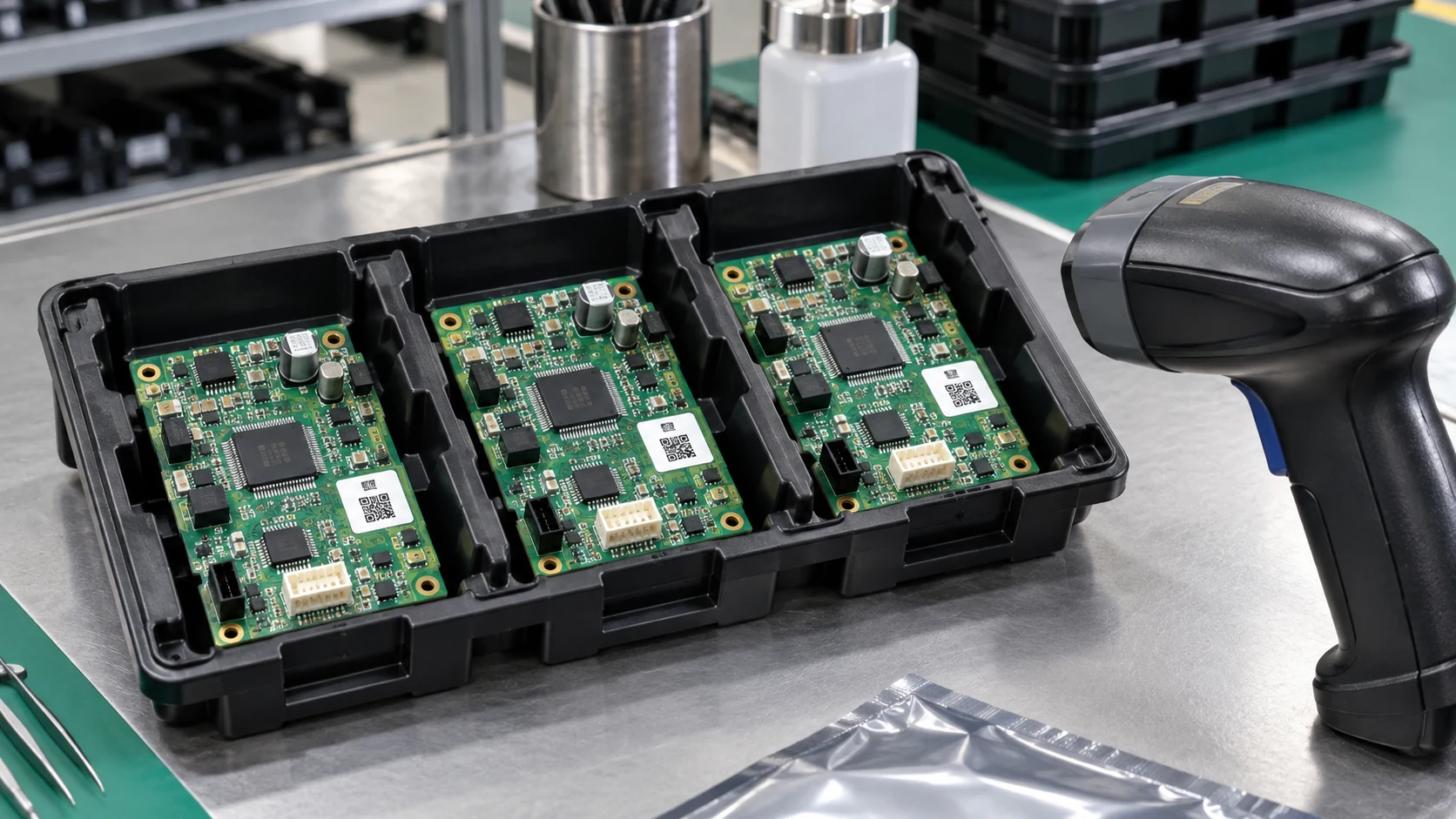 Individually labeled circuit boards in a divided tray beside a barcode scanner