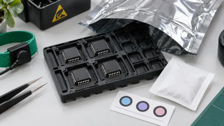 IC packages in a tray beside a moisture-barrier bag, desiccant and an illustrative humidity card