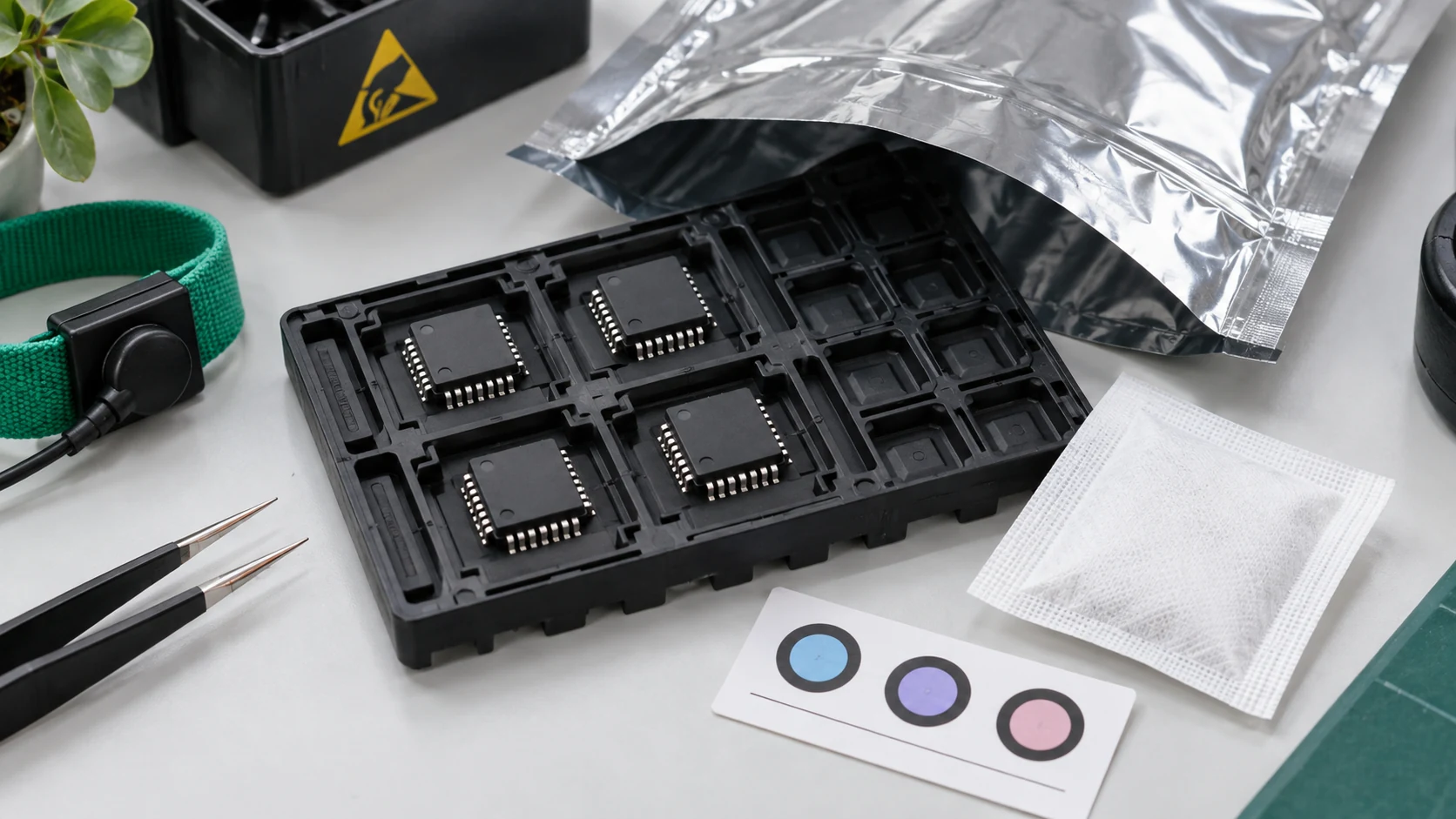 IC packages in a tray beside a moisture-barrier bag, desiccant and an illustrative humidity card