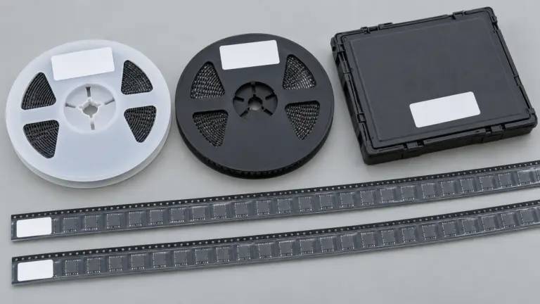 Component reels, covered carrier tape and a closed protective tray prepared as a parts kit