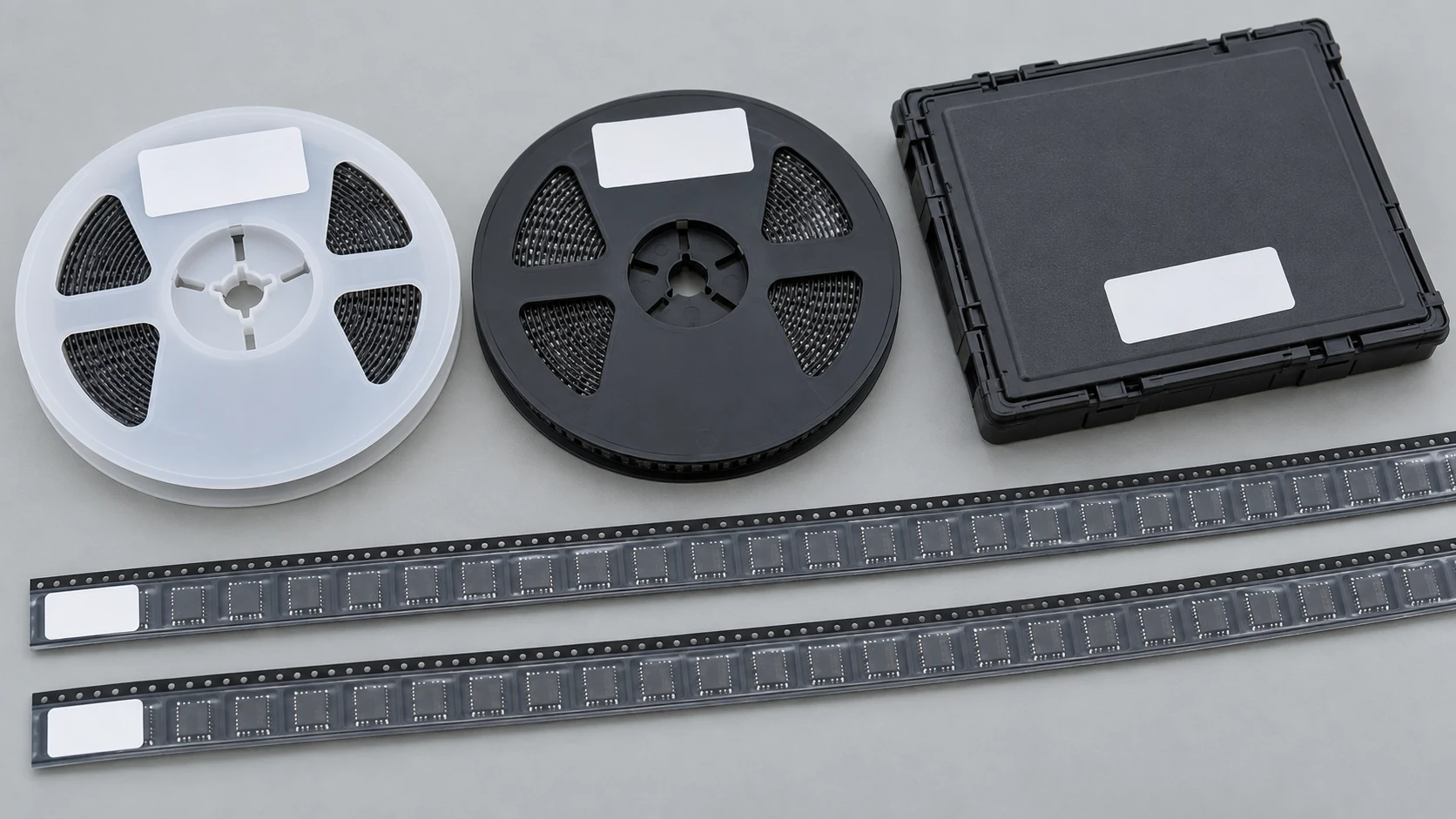 Component reels, covered carrier tape and a closed protective tray prepared as a parts kit