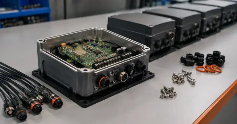 Small batch of populated PCB assemblies being integrated into rugged beta-test enclosures
