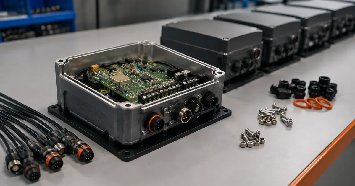 Small batch of populated PCB assemblies being integrated into rugged beta-test enclosures