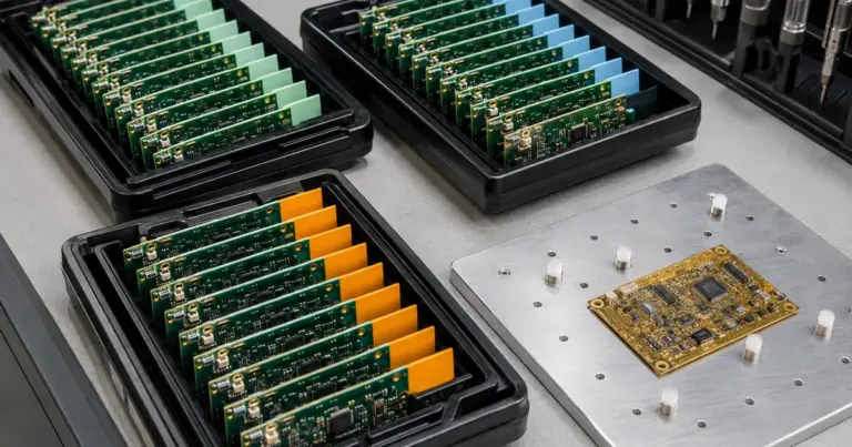 Related PCB assembly revisions separated in ESD trays with an isolated golden reference board