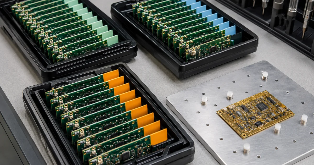 Related PCB assembly revisions separated in ESD trays with an isolated golden reference board