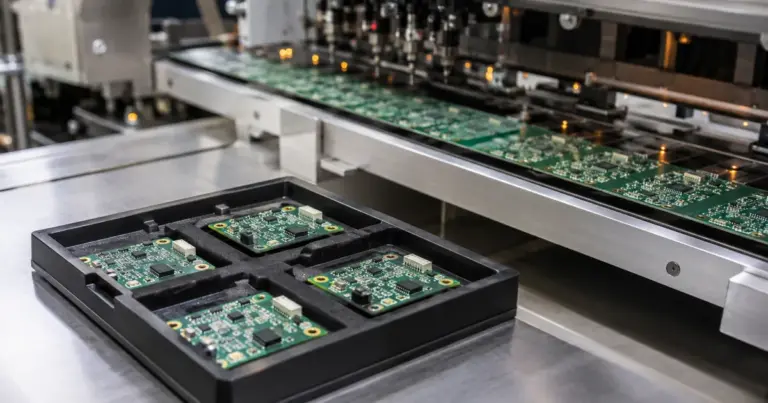 Small batch of populated PCBAs staged beside a larger automated PCB assembly line