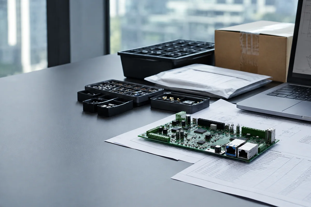 Assembled PCB, component trays and released project documents under Shenzhen coordination review