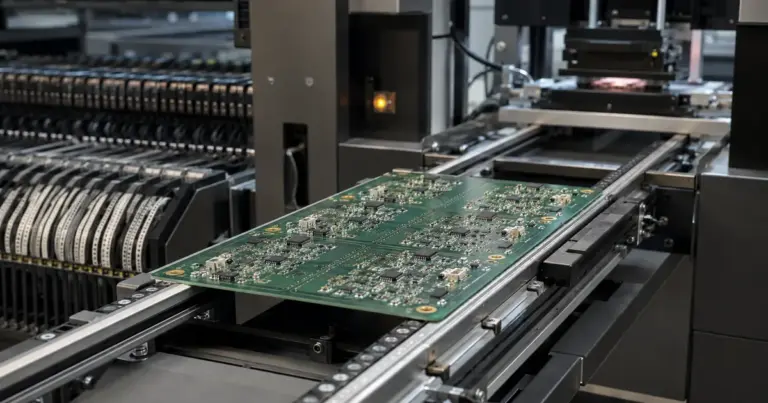 PCB panel moving through SMT production equipment between component feeders and downstream inspection