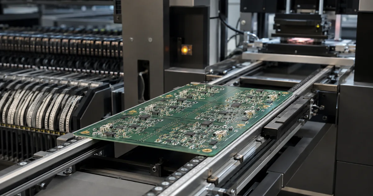 PCB panel moving through SMT production equipment between component feeders and downstream inspection