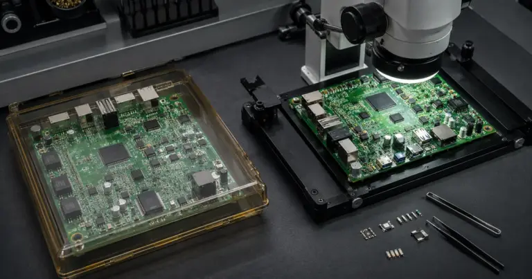 Two PCB assembly revisions separated for controlled review beside a rework microscope