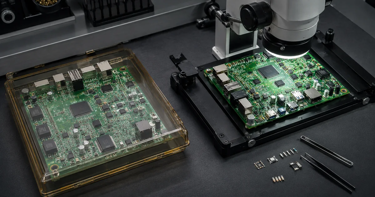 Two PCB assembly revisions separated for controlled review beside a rework microscope