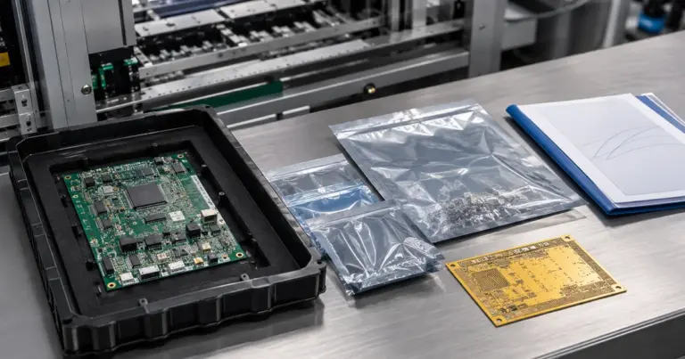 Controlled PCB assembly handoff with finished board, ESD tray, component materials and release packet