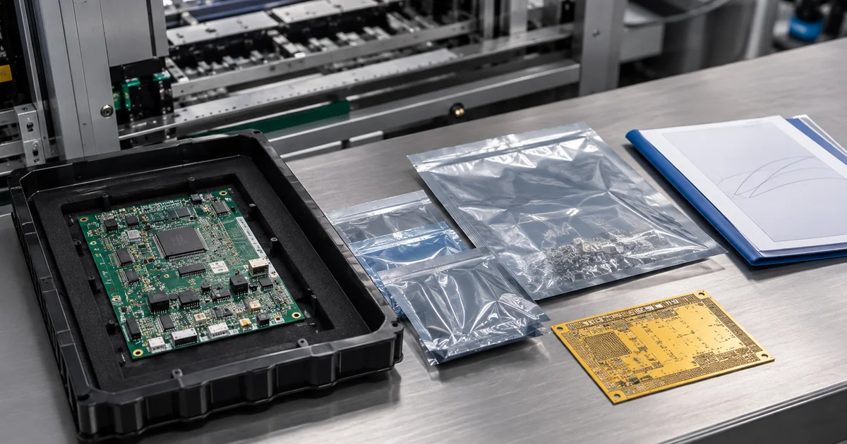 Controlled PCB assembly handoff with finished board, ESD tray, component materials and release packet
