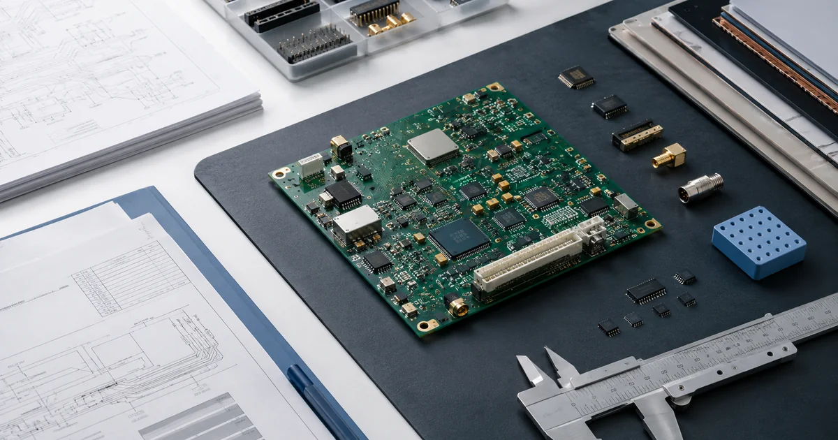 PCB assembly RFQ preparation with populated board, engineering drawings, components and a caliper